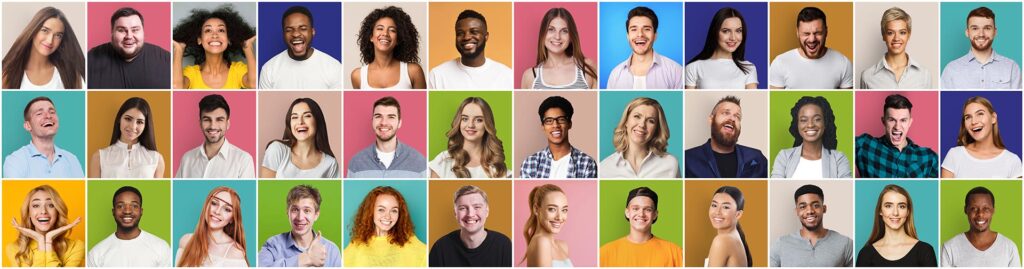 group of diverse young people in colorful grid
